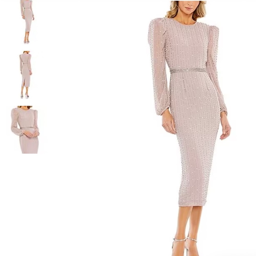 Mac Duggal round neck puff shoulder long sleeve beaded midi sheath dress